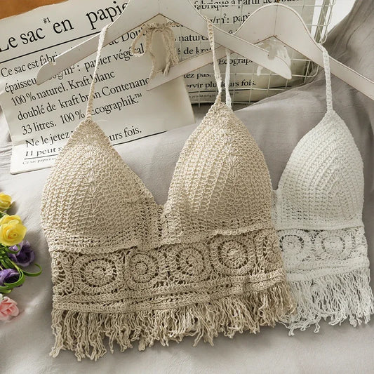 Women Beach Crop Tops Hollow Cover-Ups Perspective Tassel elegant Spaghetti Strap Swinwear Built In Bra Backlless Halter Neck