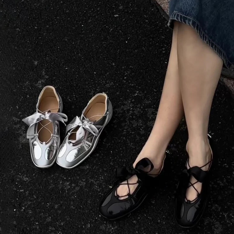 Ballet Flat Sneakers Women's Thick Bottom Bowknot Hollow Out Shoes Fashion Designer Mary Jane Ballet Comfort Shoes Female