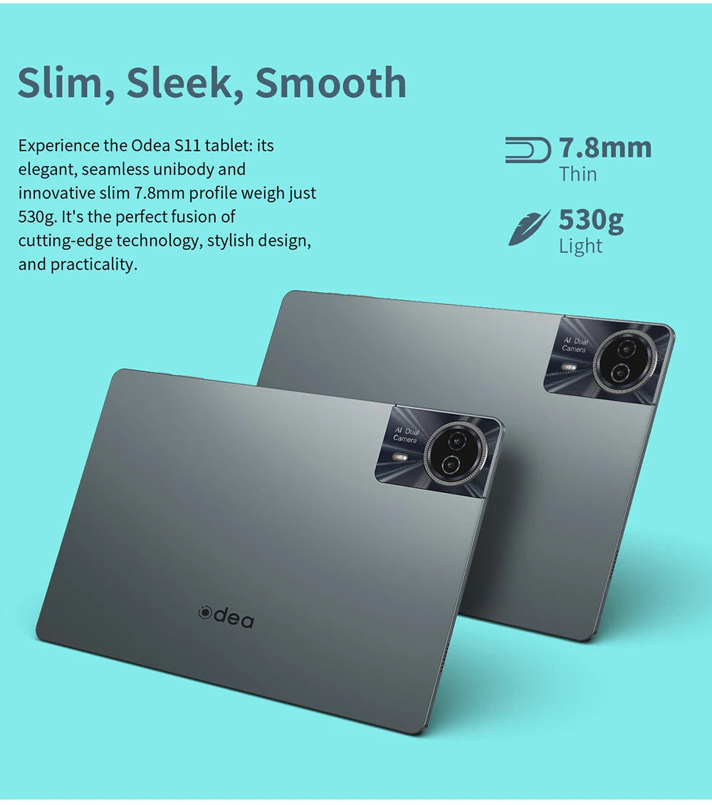 Odea S11, 11 inch TDD, 8000Mah, tabletă Android 14 (expansiune 6Gb+10Gb), 16Gb RAM, 256Gb ROM, rezoluție 1920X1200 IPS, Unisoc T606, 8 nuclee, Mali-G57, 4G LTE, Wifi, GPS, 2 sloturi SIM + 1 slot pentru telefon, Widevine L1 pentru Netflix.