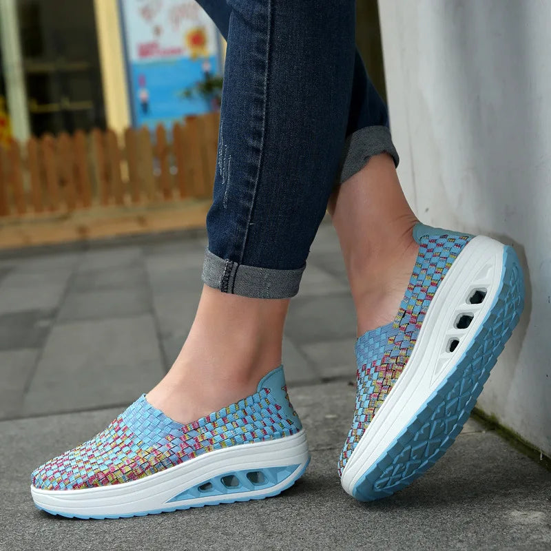 Zapatos De Mujer Sneakers Women's Mixed Color Woven Wedge Rocking Shoes Lightweight Non-slip Breathable Loafers Chaussure Femmes