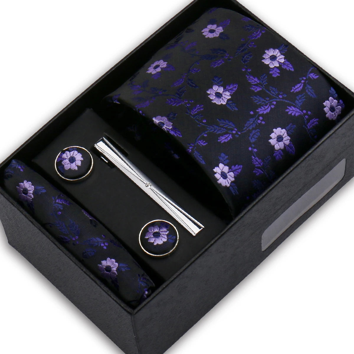 Elegant Men's Suit Necktie Gift Box Set Floral Tie Handchief Cufflinks Tie Clip 4-Piece Business Wedding Party Suit Accessories