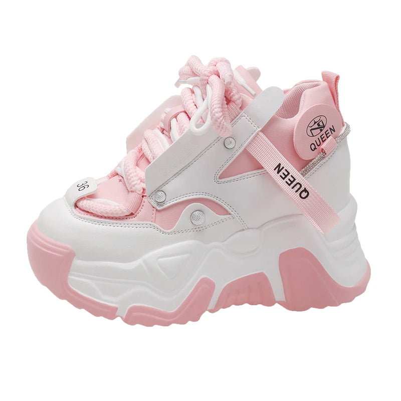 White Chunky Sneakers Women New Autumn Hidden Heel Platform Sports Dad Shoes Woman Lace Up Breathable Mesh Casual Shoes 9.5CM