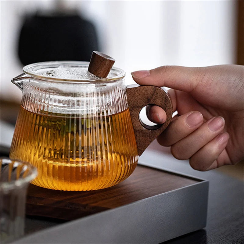Japanese Heat Resistant Vertical Stripe Glass Tea Pot Wood Handle Teapot Kung Fu Tea Set Puer Kettle Coffee Glass Pot Teaware
