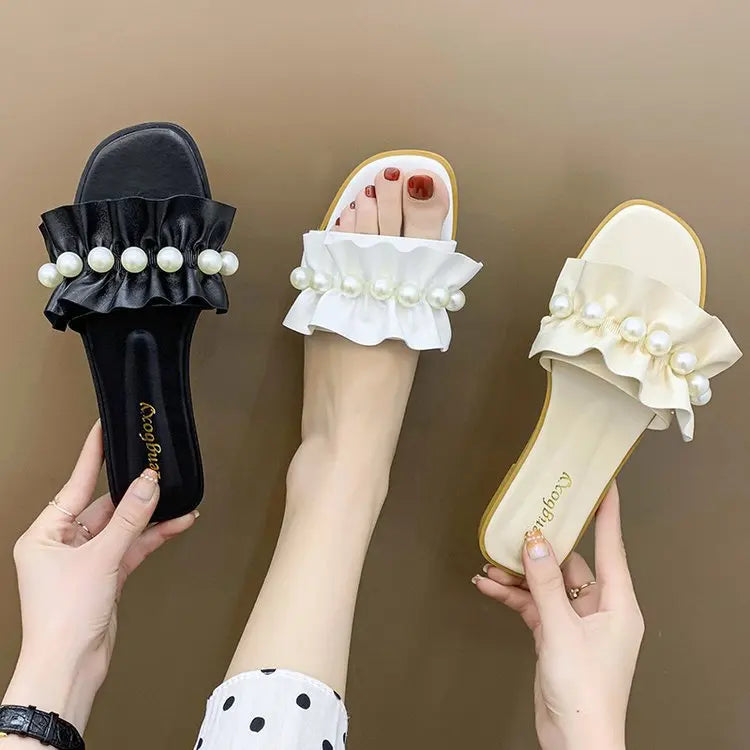 Women Slides Faux Pearl Decor Ruffle Trim Sandals Open Toe Wear-resistant Flat Slippers Summer Sandy Beach Sandals Women Shoes