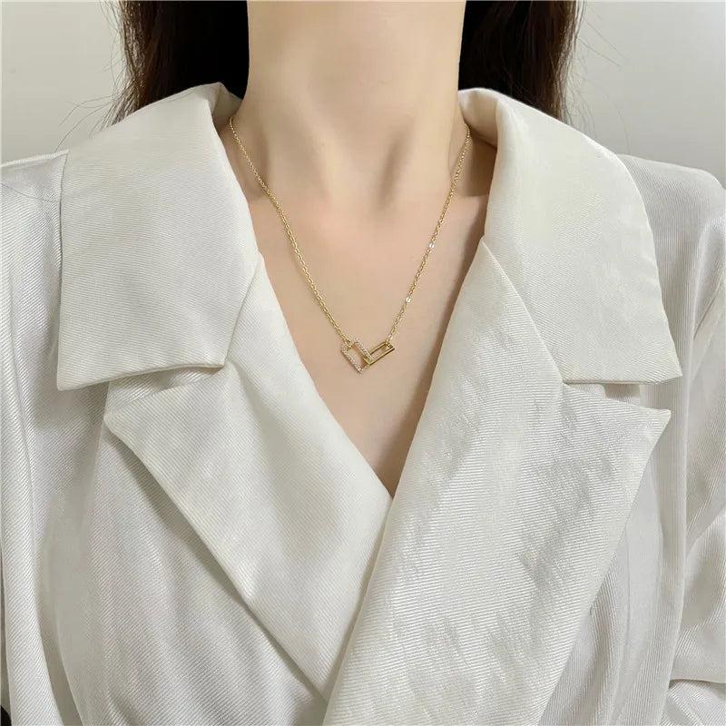New 925 Sterling Silver Geometric Necklace Shiny Rectangle Pendant Set with Cubic Zirconia Necklace for Girls Fine Jewelry NK064