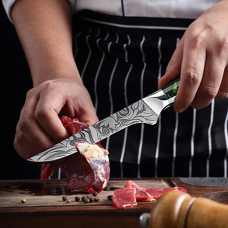 Super Sharp Damascus Pattern Kitchen Knife Set High Quality Chef Santoku Boning Paring Knife Series Green Resin Handle Nice Gift