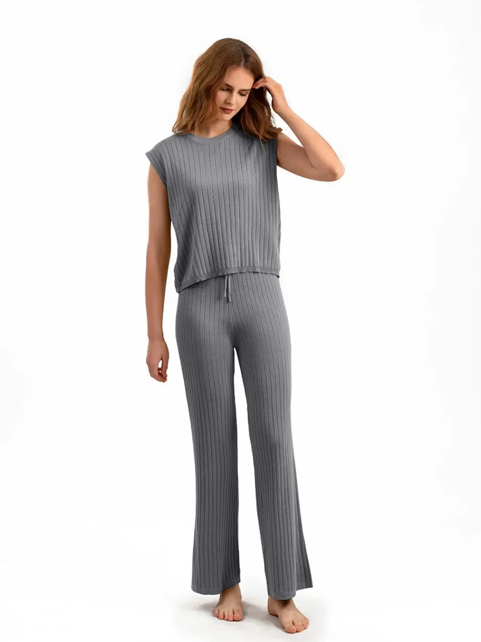 Elegant 2-Piece Sets for Women, Casual Knitting, Sleeveless, O Neck Tops, Loose Lace Up, Wide Leg Pant Set, Summer Fashion, New