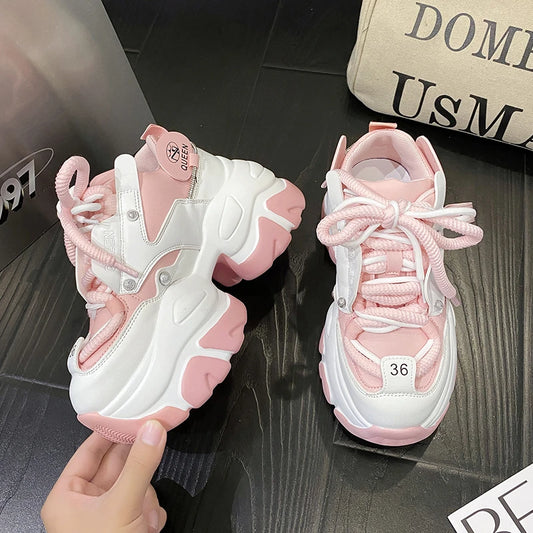 White Chunky Sneakers Women New Autumn Hidden Heel Platform Sports Dad Shoes Woman Lace Up Breathable Mesh Casual Shoes 9.5CM