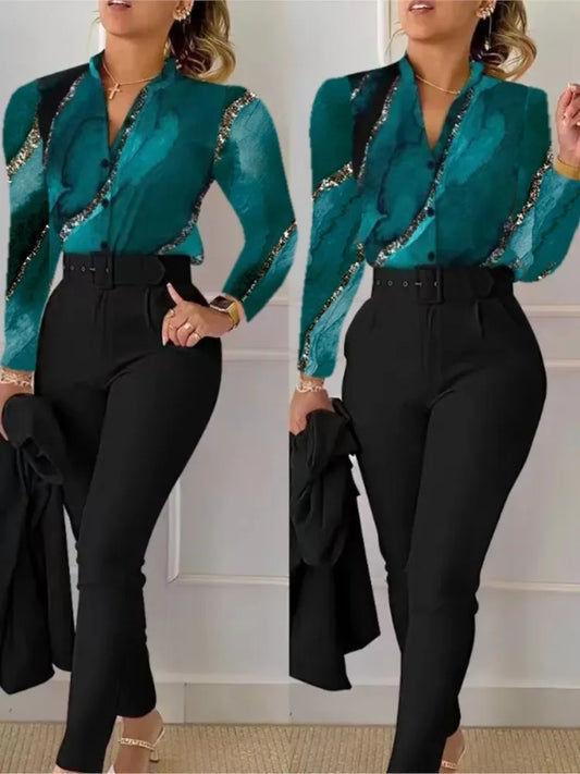 Elegant Women Shirt Two Piece Set Suits Fall New Fashion Print Long Sleeve Top Black Pants Set With Belt Blouses Female Clothing - Golden Bridge Store