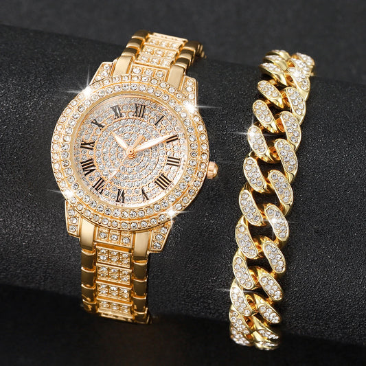Damen-Uhren 2025: 2PCS Fashion Diamond Gold - Luxury Rhinestone Bracelet Watches Ladies Collection