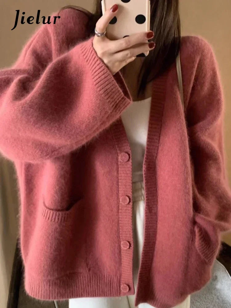 Jielur Damen V-Ausschnitt Strickjacke Mit Knopfleiste - Größe M, Material Polyester Baumwolle, Länge Regular