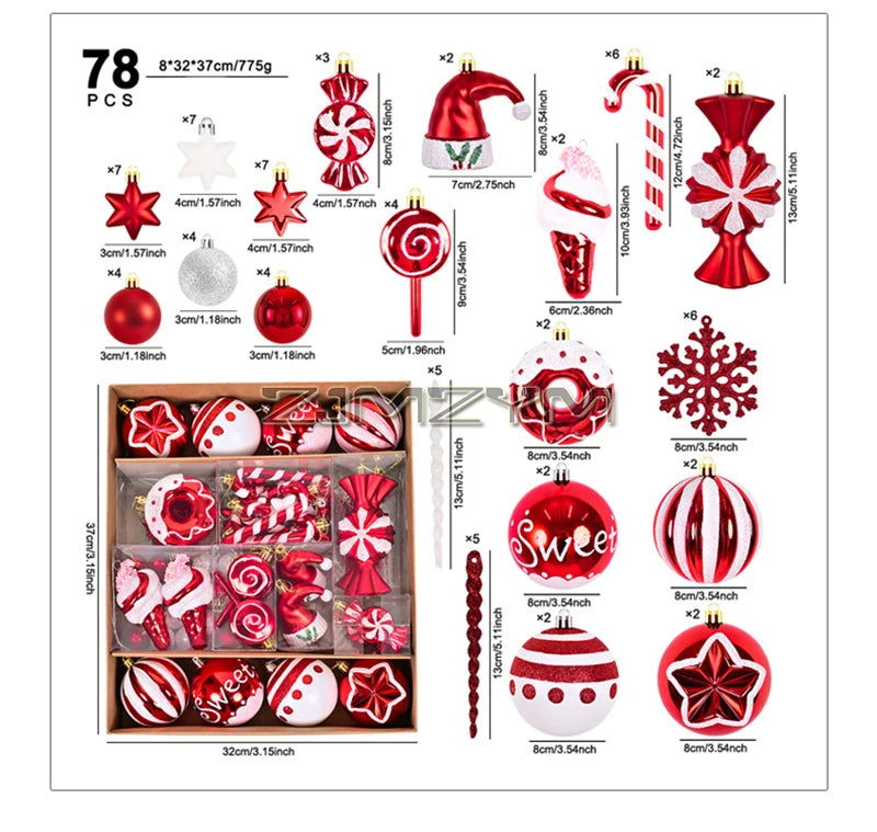 LA9682 Weihnachtsbaumschmuck - Bruchfest, 78 Stück, Rot Weiß