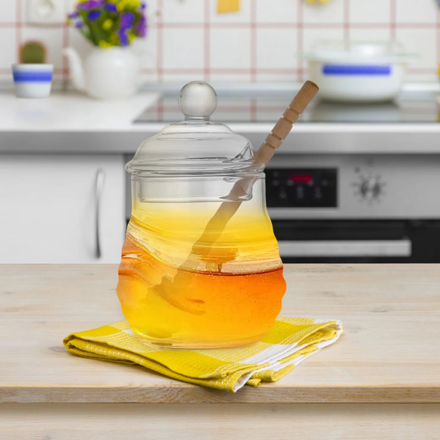 Glass Honey Pot Jar Kitchen Tools Honey Storage Container with Dipper and Lid Honey Bottle for Wedding Party Office Kitchen Home