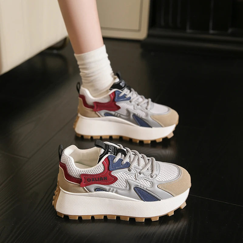 Women‘s Trendy Color-blocked Brand Design Thick-soled Sneakers 2024 Spring and autumn New  Lace-up Mesh Breathable Tennis Shoes