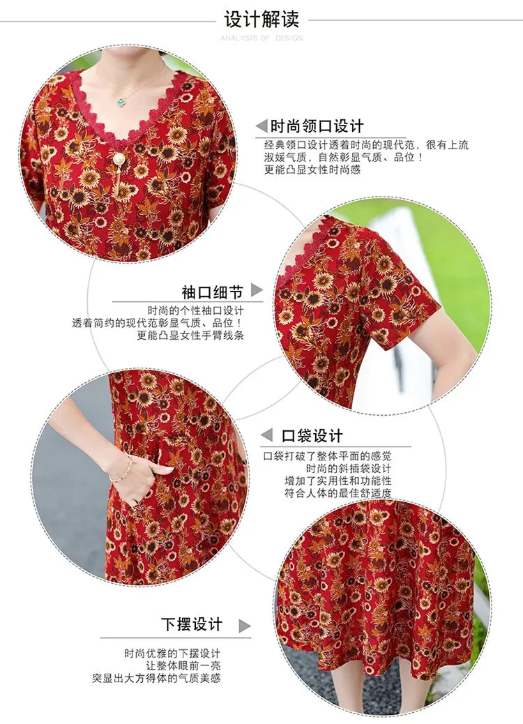 Elegant Women Dress Elegant Casual V-Neck Print Vintage Ladies Mid-Calf High Waist Summer Bohemian Dresses