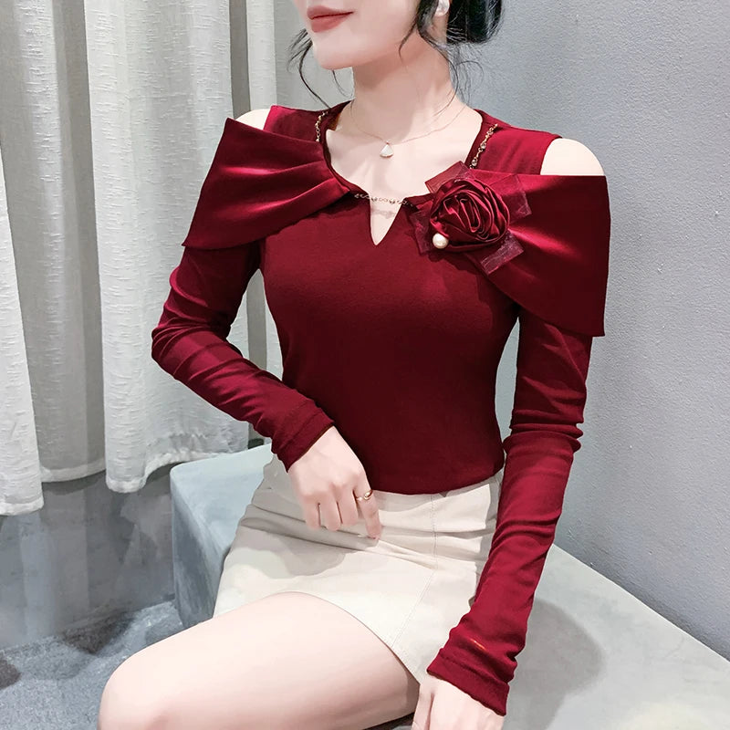 Women T-shirt Fashion T Shirt Cotton Slim Tee For Ladies Autumn Clothing New Long Sleeve Beading V-Neck Tops