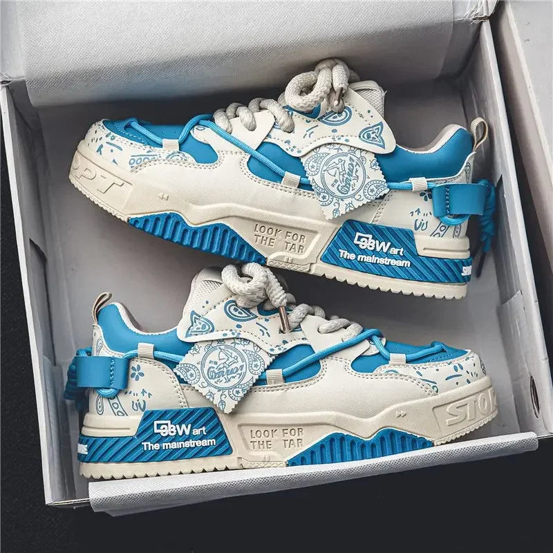 Mens Shoes 2025 Platform Sneakers New Trend Design Graffiti Skateboard Shoes Lace UP Soft Sole Non Slip Outdoor Sports Shoes