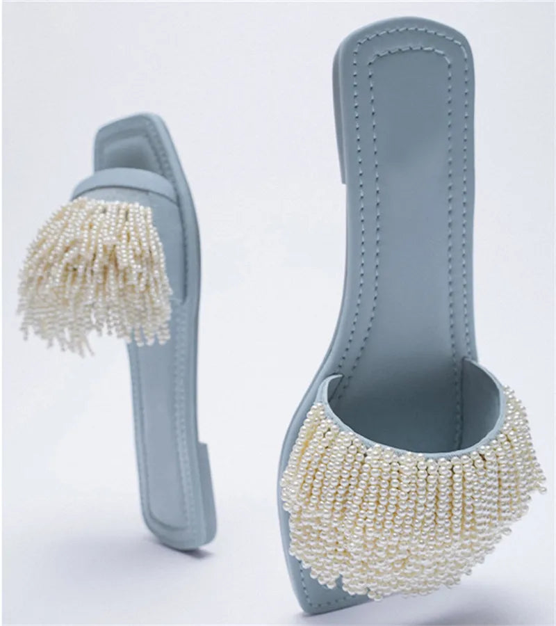 Pearl Beads Women Slippers Blue Flat Shoes Female Summer Outside Slides Ladies Casual Beach Slipper Handmade Gladiator Sandals