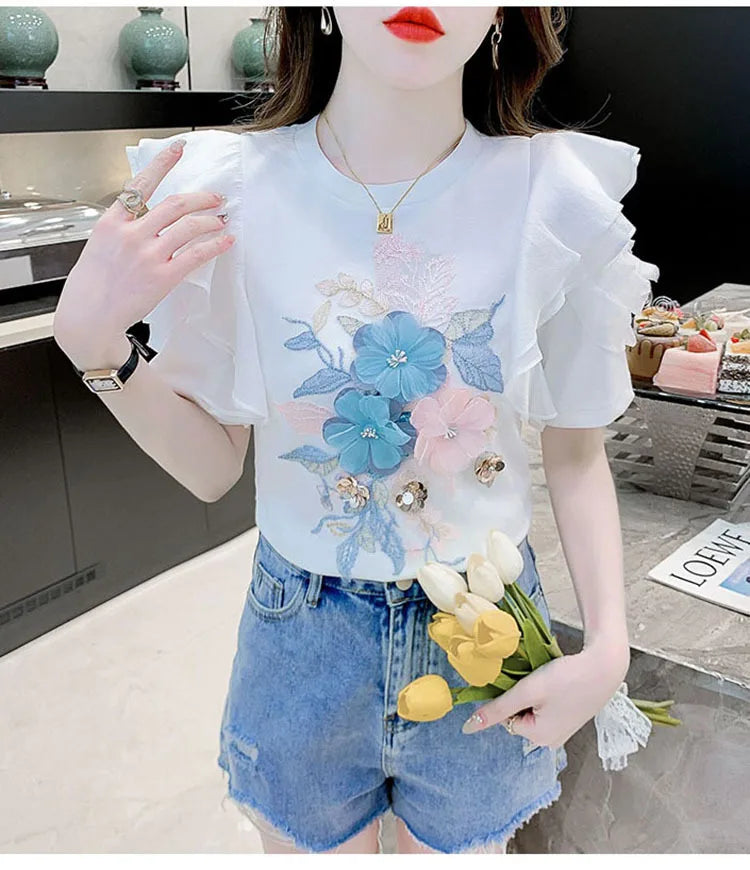 Ruffled White T-shirt Women's Short-Sleeved Floral Tshirt 2023 Summer New High-End Heavy Embroidery Flower Chic Top Tees
