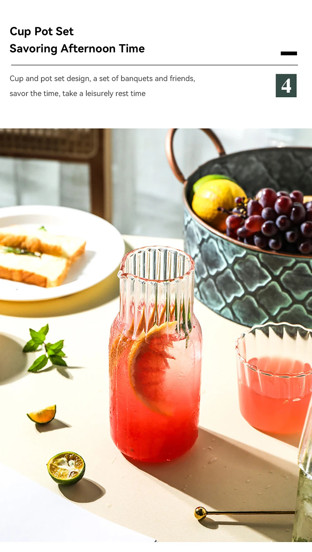 Glass Water Bottle with Glass Cup Set Drinkware Bedside Carafe with Tumbler Glasses Drinking Pitcher for Milk Beverage Tea