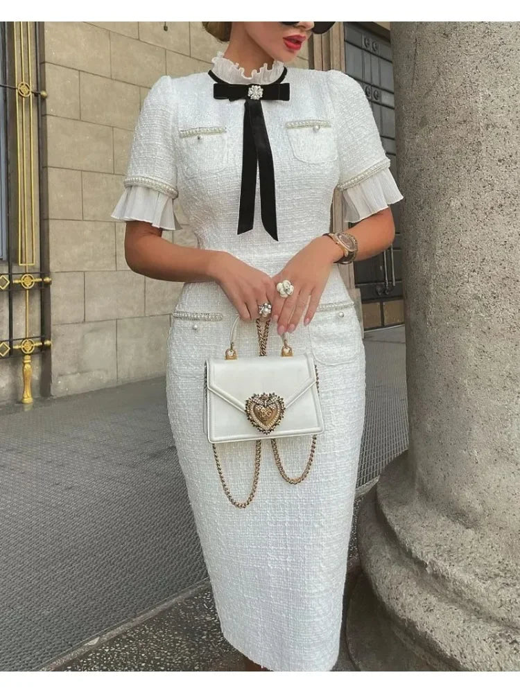 Rochii elegante pentru femei, modă 2025, rochie albă cu mâneci scurte, cu fundă și volane, cu mărgele, parfumată, briză parfumată