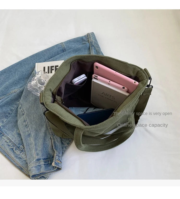 Fashion Versatile Shoulder Bag College Wind Commuting Corduroy Square BagUnisex Large Capacity Leisure Portable Crossbody Bag