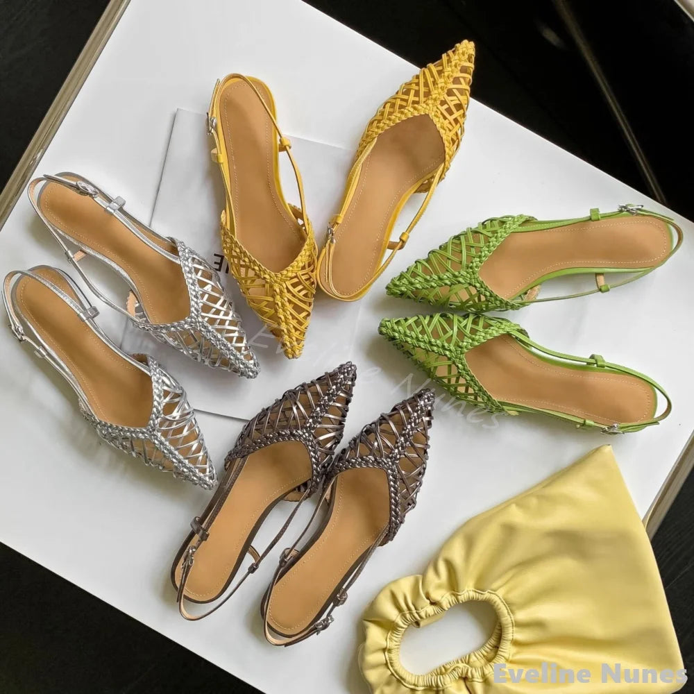 Artistic Hand-woven Thin Belt Sandals Women Summer Pointed Toe Flat Back Strap Hollow Sandals 2025 New Fashion Simple Sandals