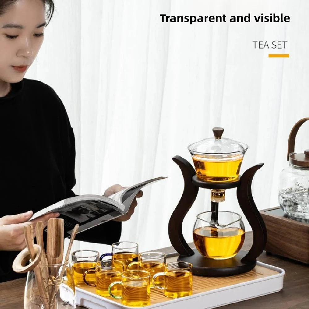 Tea Pot Glass Kettle Automatic Teapot with Strainer Magnetic Infuser Wood Holder Heat Resistant Coffee Pot Bowl Cups Set Jug 주전자