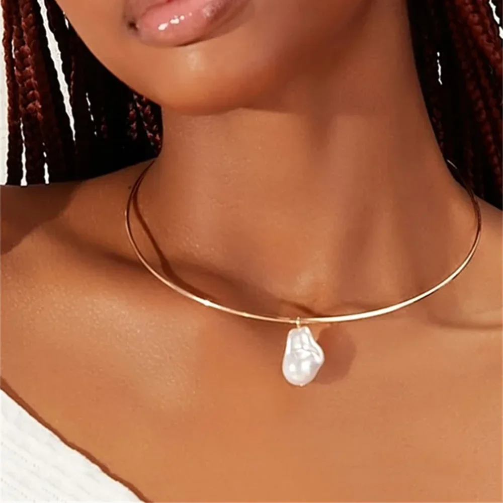 Vintage Fashion Gold-plate Simple Round Collar Shaped Faux Pearl Pendant Necklace For Women Female Girl elegant Punk Jewelry Gift