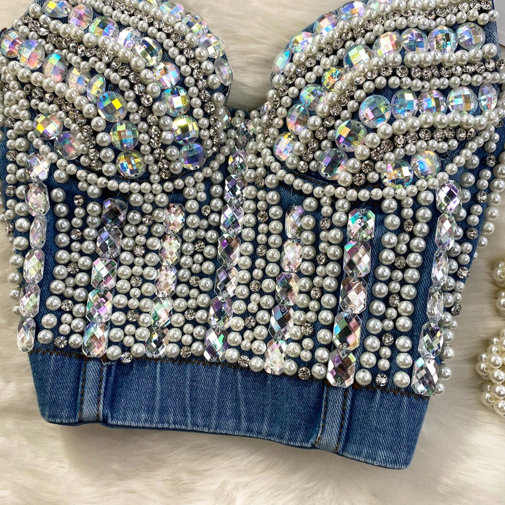 Women Summer Denim Camisole Corset Top Build In Bra Crystal Diamonds Pearl Luxury Jeans Tops High Street Club Party Nightwears
