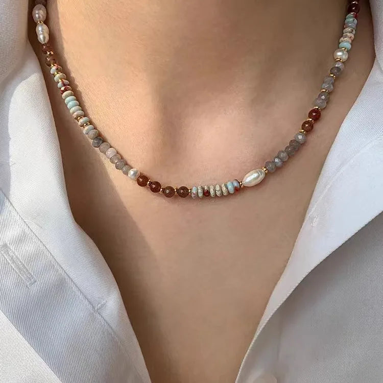 Colier cu pandantiv din perle, țesut manual, cu piatră naturală, lanț cu mărgele, accesorii luxoase pentru gâtul femeilor, bijuterii de modă