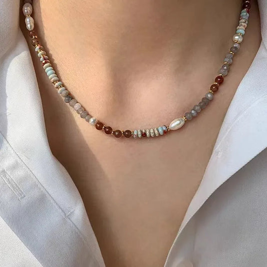 Pure Handmade Woven Natural Stone Beadeds Chain Pearl Pendant Necklace Luxurious Accessories For Women's Necks Fashion Jewelry