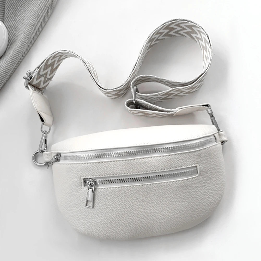 Women Stylish Crossbody Bag with Wide Strap Retro Fanny Pack PU Leather Simple Shoulder Bag Travel Outdoor Bag