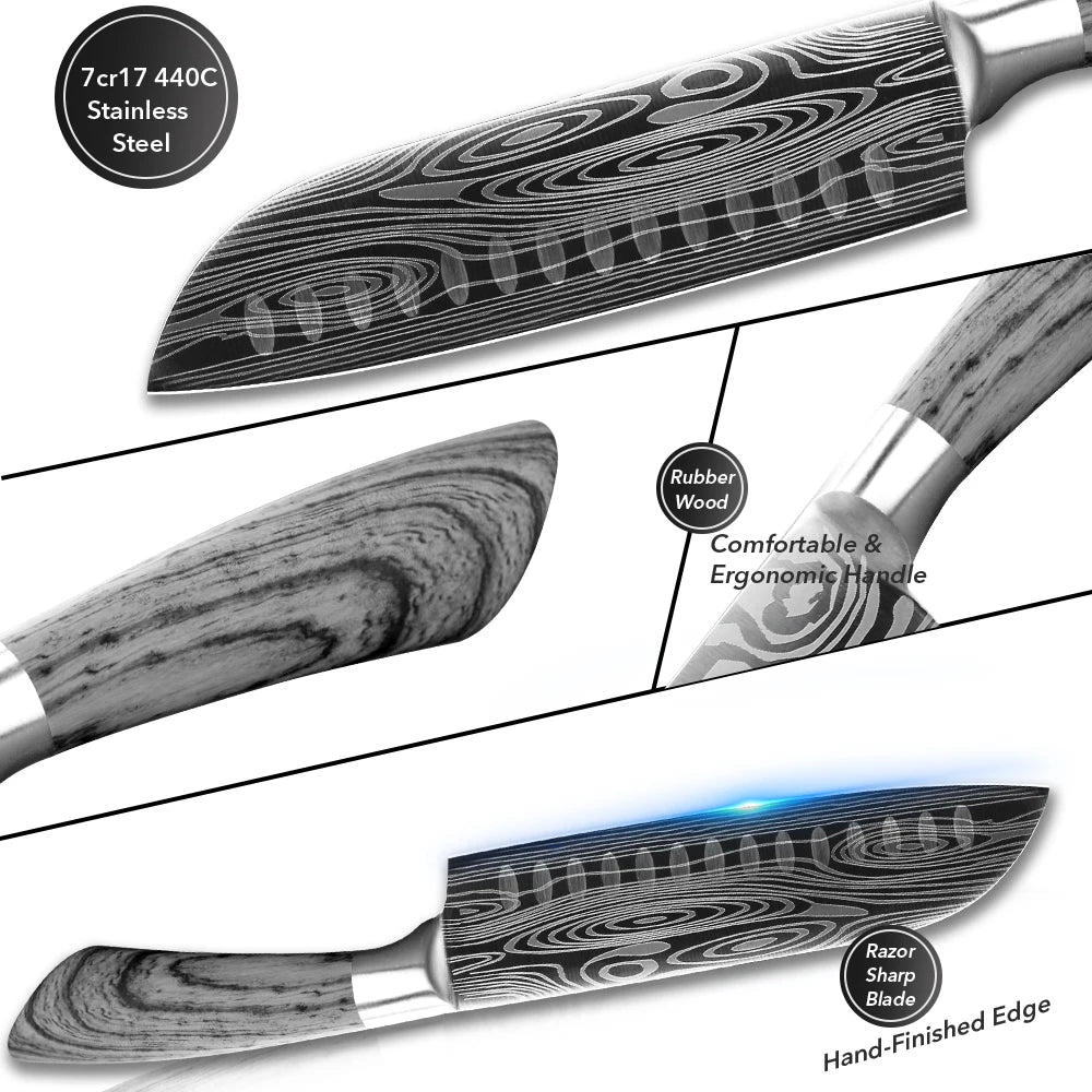 Kitchen Knife Damascus Laser Chef Knife 5 7 8 Inch Meat Cleaver Japanese Santoku Knive Butcher Slicing Cutter for Fish Vegetable