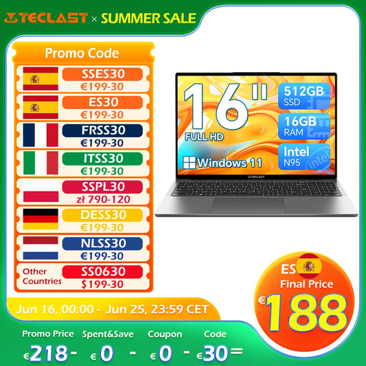 Teclast F16Air Laptop 16.1 Zoll - Intel N95, 16GB RAM, 512GB SSD, FHD IPS Display, Beleuchtete Tastatur