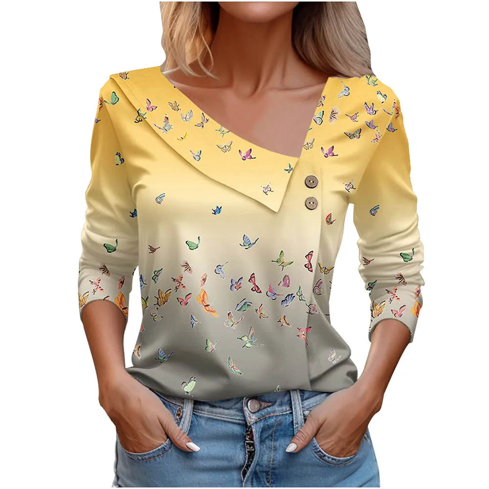 T Shirt For Women Fashion Long Sleeve Top White Floral Print Shirts And Blouses 3D Print Clothes For Women 2025 y2k