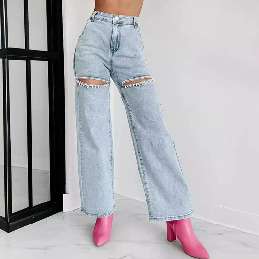 Blugi de damă 2025: Stil rupt cu lanț spălat - Colecție casual cu picior larg