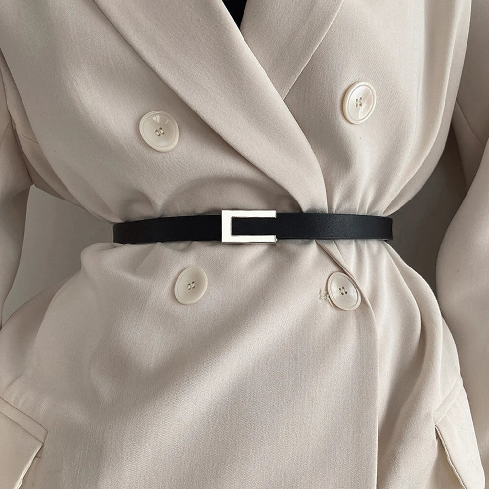 New Luxury Women Thin Belt Black Gold Silver Metal Buckle Belt PU Casual Leather Waist Belt Trouser Dress Decoration Waistband