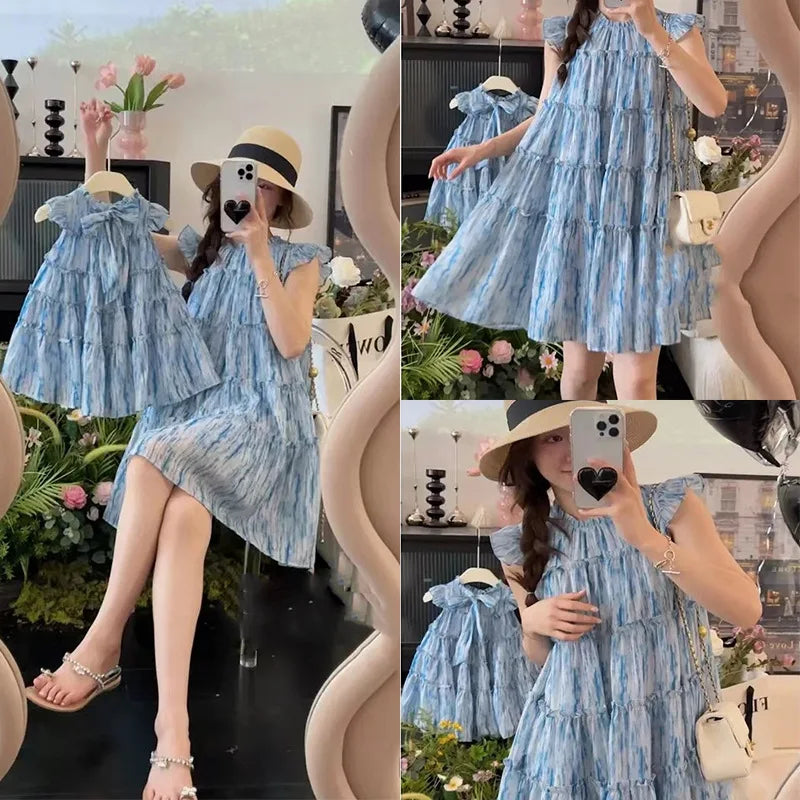 Rochie drăguță de vară pentru familie, asortată, cu mâneci evazate, guler rotund/fără umeri, lungime genunchi, pentru fiică-mamă, H6159