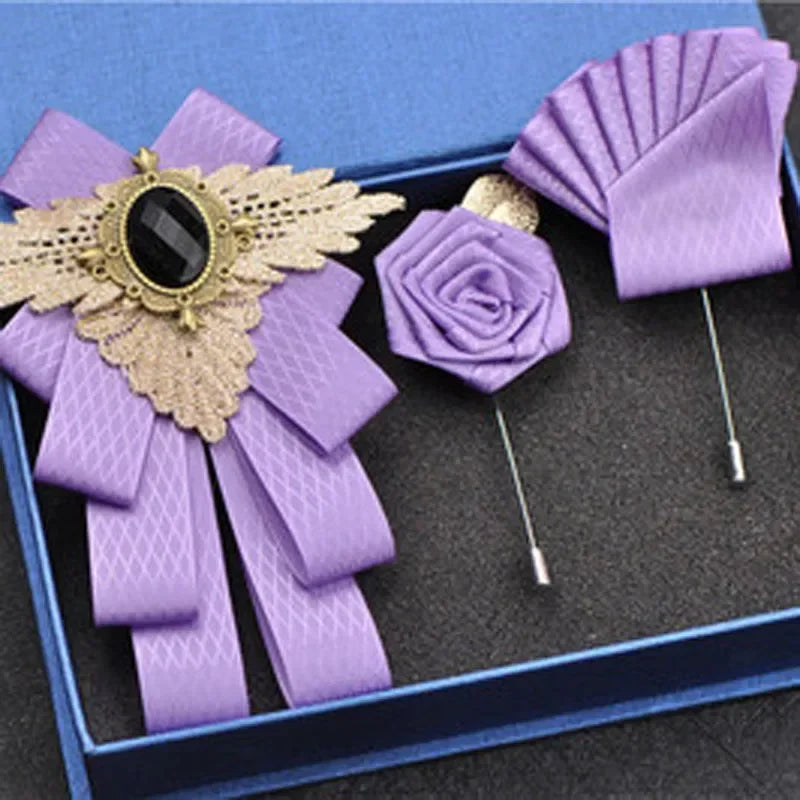 Set de nuntă 2025: Noua modă britanică pentru bărbați, performanță de nuntă pentru mire - Set de accesorii pentru bărbați cu papion, guler floral și buzunar, pentru petrecere de nuntă