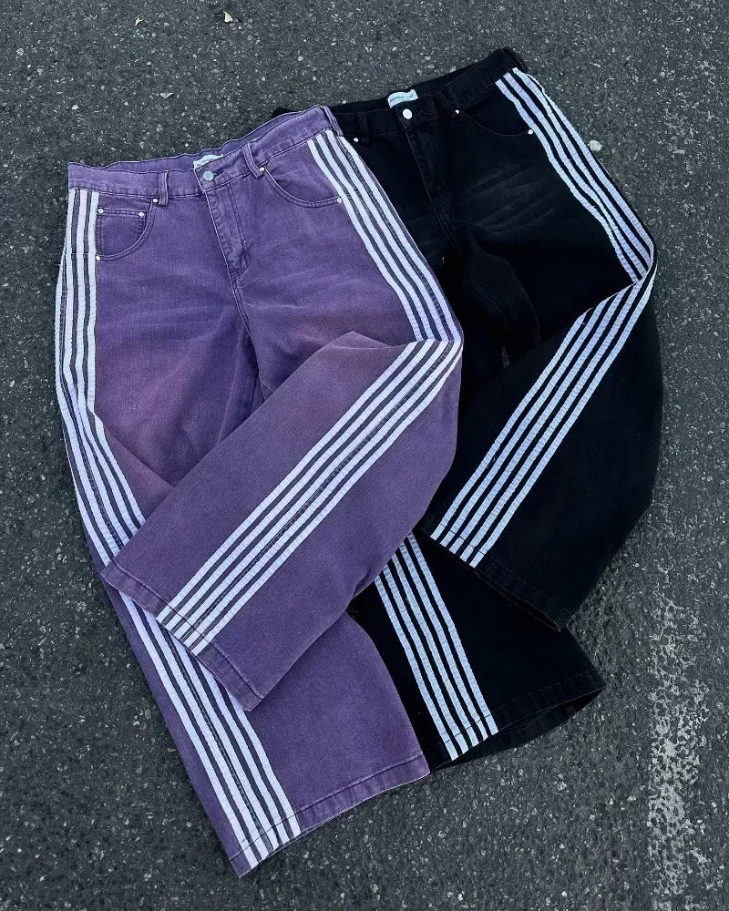 Unisex Jeans 2025 - High Street Vintage Striped Embroidered Harajuku Hip Hop Baggy