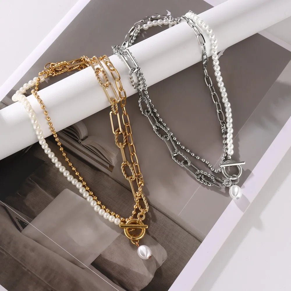 Personality Fashion Pearl Pendant Long Chain Necklace Pop Couple Punk Ring Design Temperament Holiday Party Gift Accessories