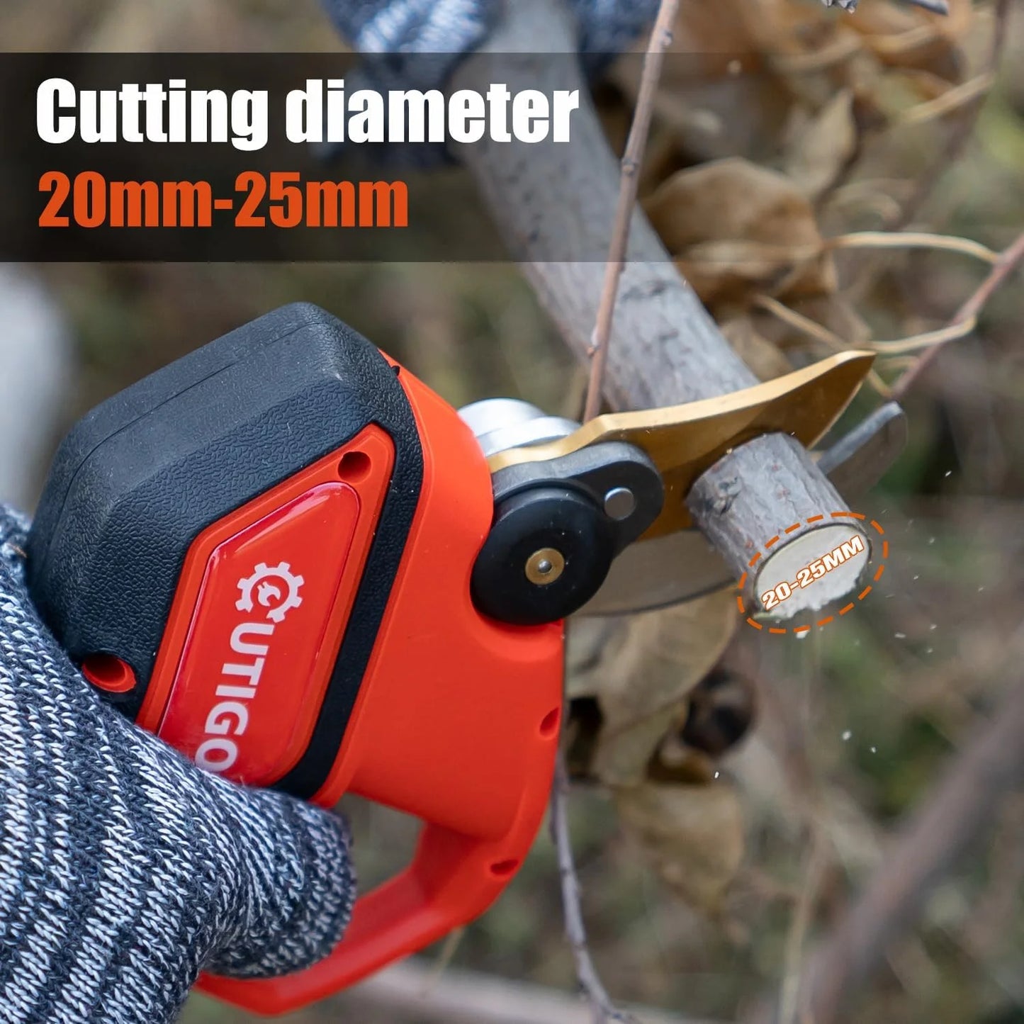 OUTIGO Kabellose Elektrische Gartenschere - 25mm 2x1500mAh mit 2x 21V Akkus für Obstbäume und Weinberge