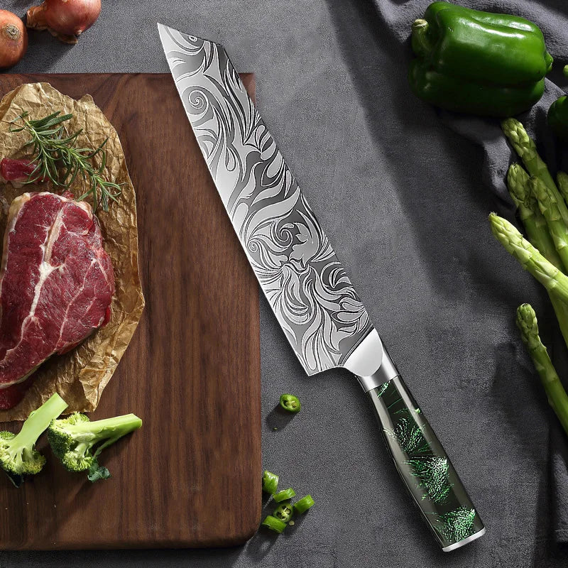 Super Sharp Damascus Pattern Kitchen Knife Set High Quality Chef Santoku Boning Paring Knife Series Green Resin Handle Nice Gift