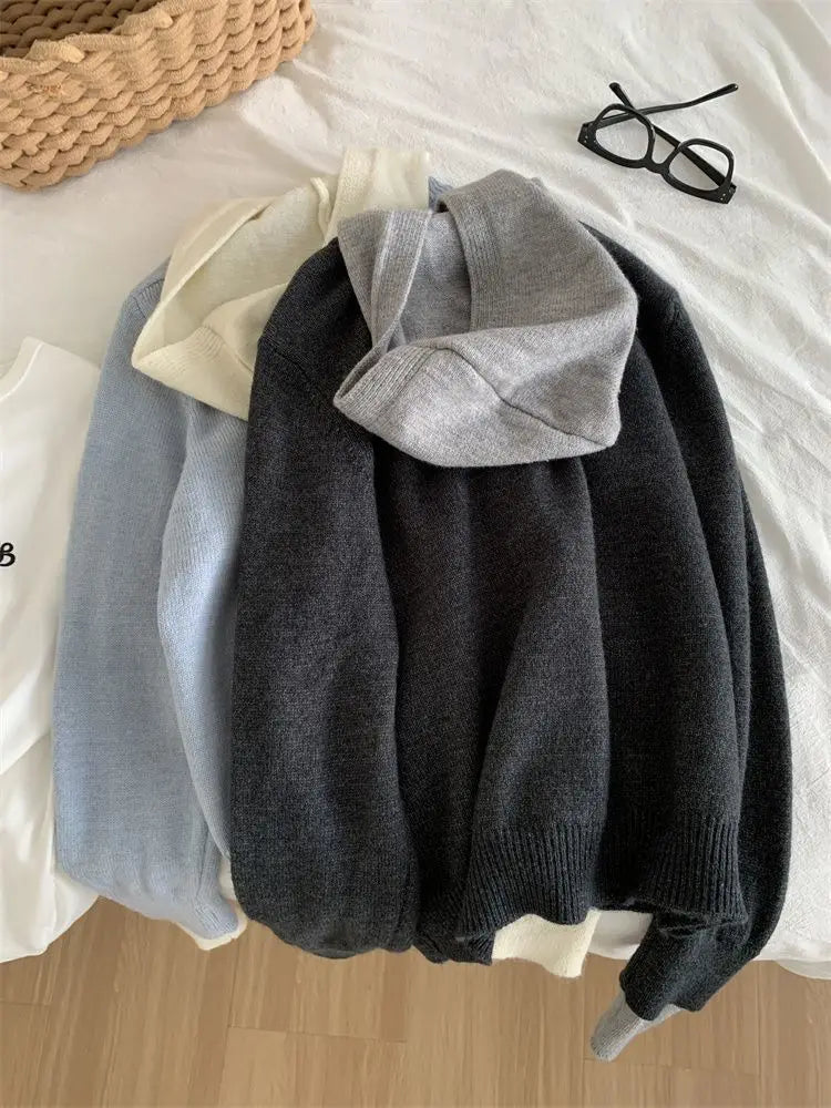 Cardigan tricotat cu glugă, stil coreean, Pateekate - Mărime M, Material poliester/vâscoză/spandex, Croială lejeră