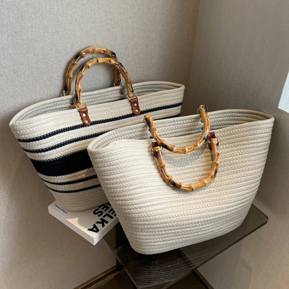 Beach Vacation Bags Bamboo Handle Women Weaving Bag Large Capacity Striped Portable Casual Fashion Exquisite for Seaside Party