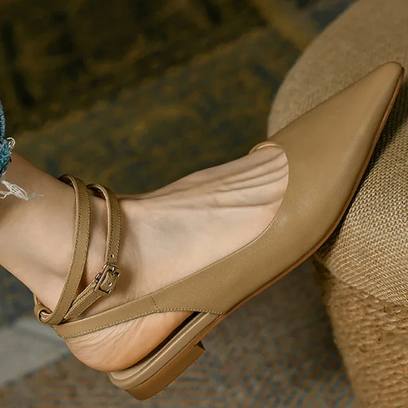 New 2025 Summer Trend Women Sandals Genuine Leather Slingbacks Closed Pointed Toe Apricot Beige Flat Shoes Ankle Strap Ladies