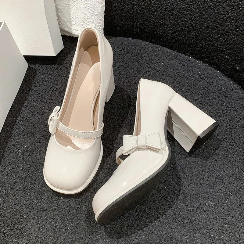 Elegant Heel Shoes Ladies 8cm High Heel Bowknot Solid Mary Jane Zapatos Adult Dress Pink White Black Cosplay Footwear