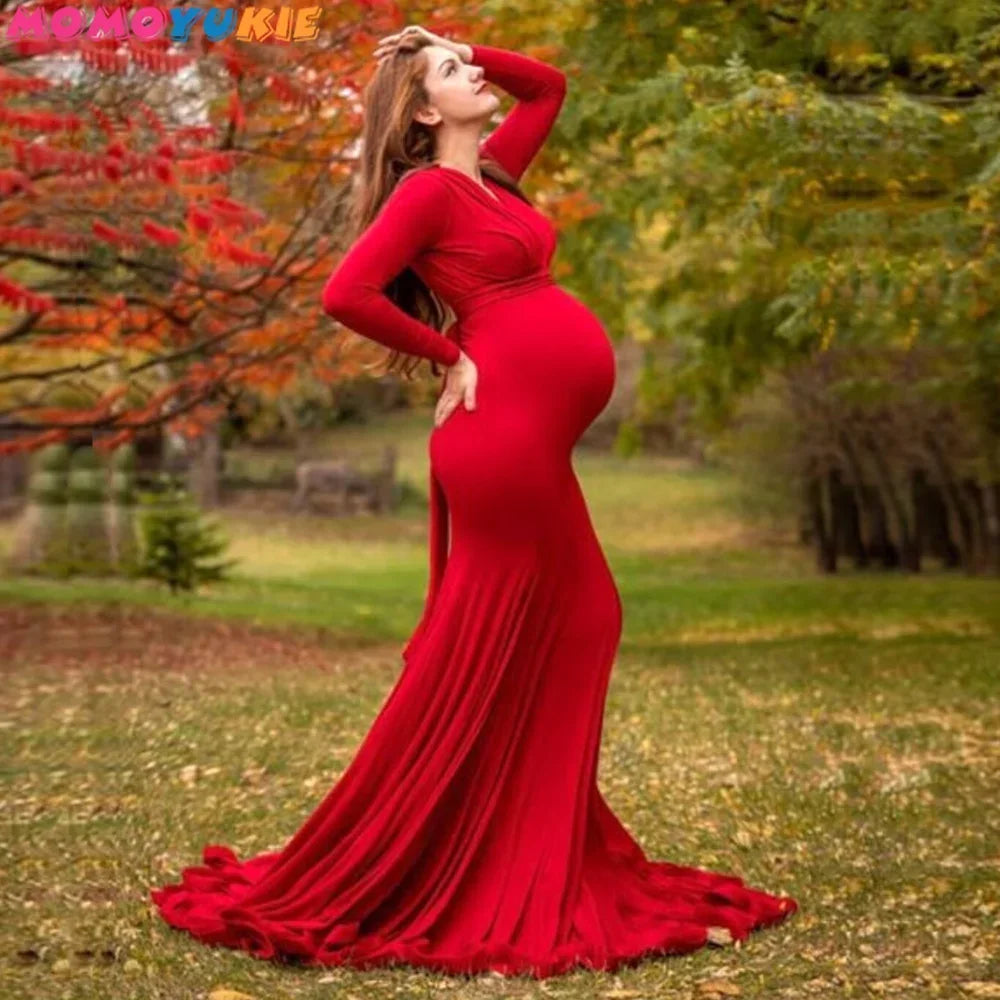 Rochie de maternitate pentru femei, primăvară-toamnă, elegantă, subțire, cu decolteu în V, mânecă lungă, tip sirenă, Maxi, pentru fotografie, ședință foto pentru bebeluși