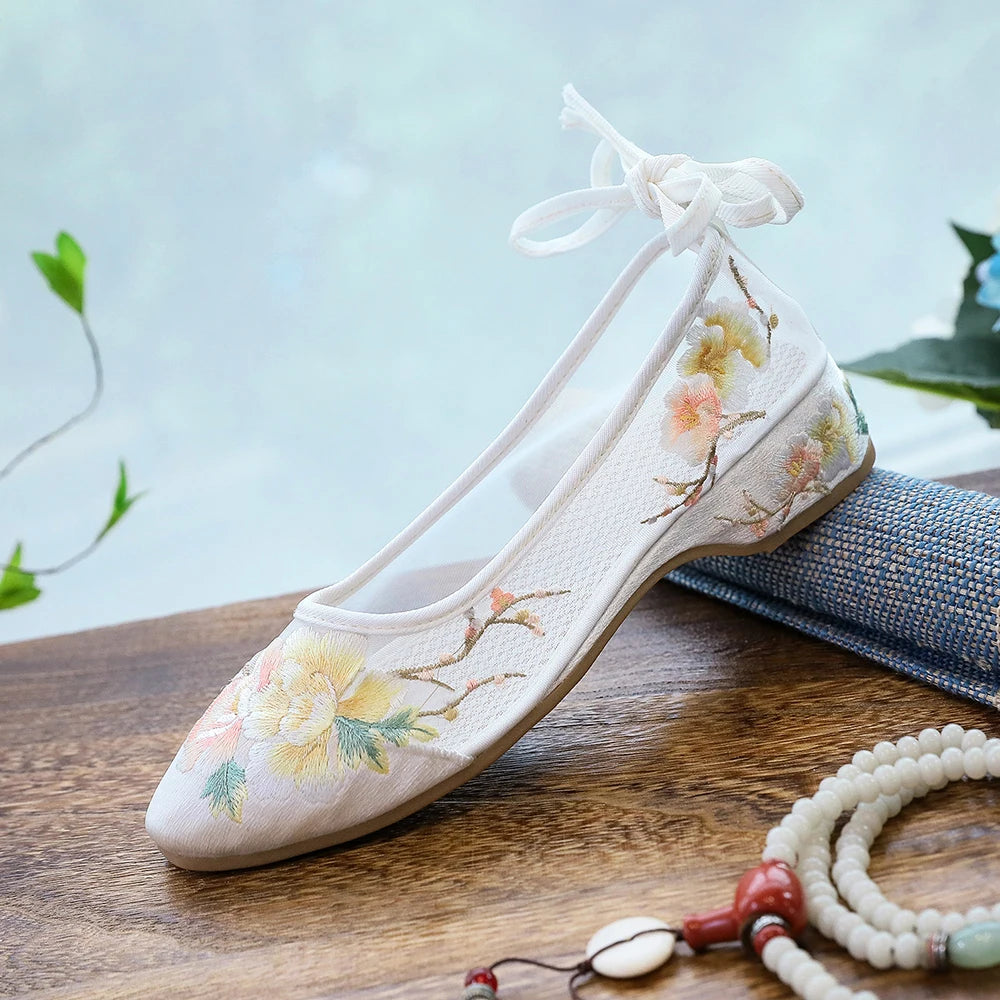 Ballerinas 2025: Veowalk Long Ankle Strap Summer Women Gauze Mesh - Embroidered Ballet Flats Breathable Comfortable Walking Shoes Elegant Lady Collection